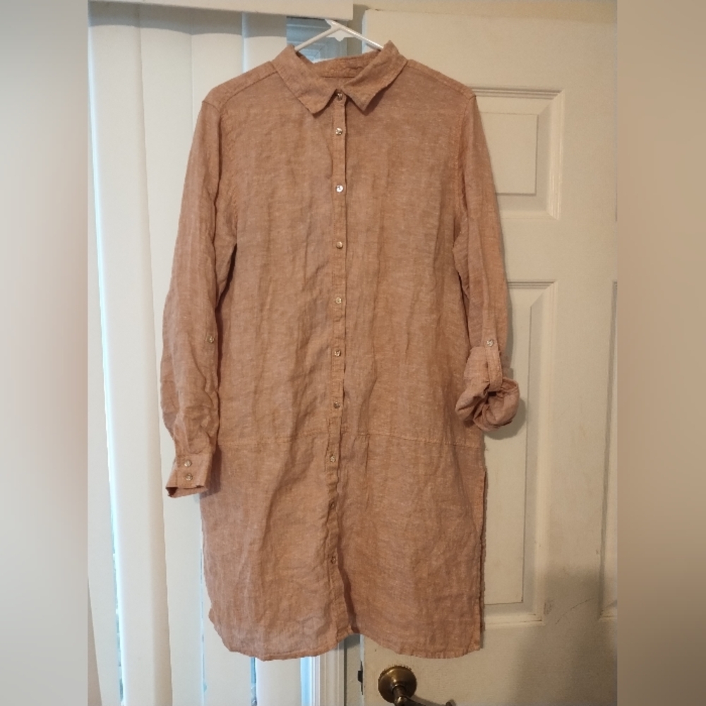 TAHARI 100% Linen Button Down Long Sleeve Dress Size Large Dress up or Down